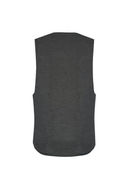 A dark grey sleeveless tee with a rounded bottom hem and no front design. It features a logo on the back.