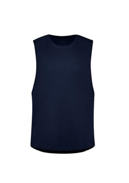 A navy sleeveless tee in a classic design with a rounded hem and branding. Suitable for casual wear.
