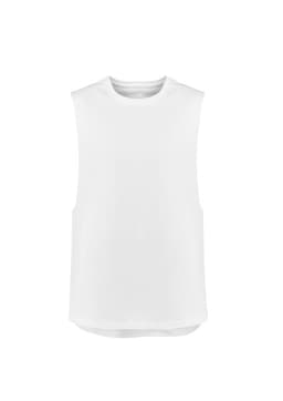 A white sleeveless tee with a relaxed fit, featuring a simple design and no visible branding.