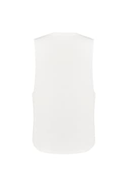 A sleeveless tee in white, featuring a simple design and a logo on the back.