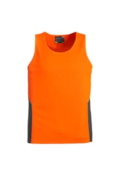 A bright orange singlet featuring grey side panels and a logo. Suitable for workwear applications.