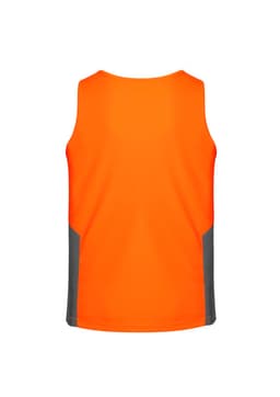 A hi-vis singlet in orange with grey side panels, featuring a logo on the back.