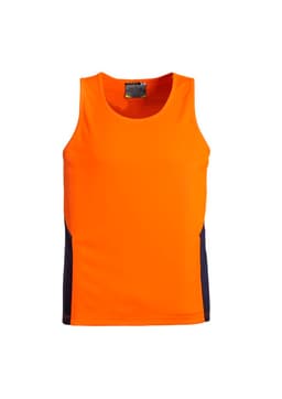 An orange men's singlet with navy side panels, featuring a logo on the neckline. Suitable for workwear.