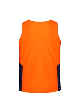 An orange and navy singlet with a sleeveless design, featuring a logo on the back.