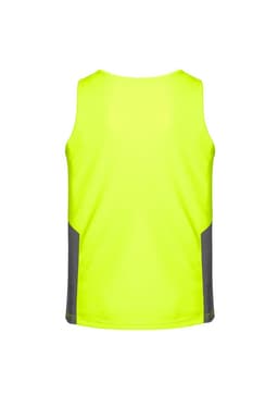 A bright yellow men's hi-vis singlet with grey side panels and a logo. Suitable for workwear.