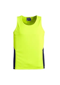 A bright yellow hi-vis singlet featuring navy side panels and a logo. Ideal for workwear.