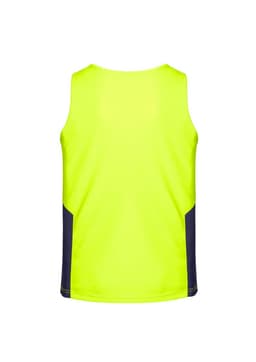 A high visibility sleeveless singlet in bright yellow with navy side panels. Features branding on the fabric.