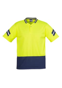 A high-visibility yellow short sleeve polo shirt with navy accents and stripes. It features a logo on the chest.