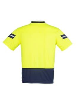 A high-visibility short sleeve polo shirt in bright yellow with navy accents and striped detailing on the sleeves.