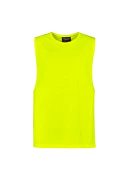 A bright yellow sleeveless tee with a rounded neckline and a logo on the label. Suitable for workwear.