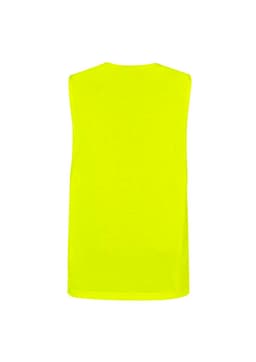A bright yellow sleeveless tee designed for workwear, featuring a plain back and a logo.