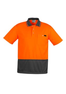 An orange and grey short sleeve polo shirt with a pocket and a logo on the chest.