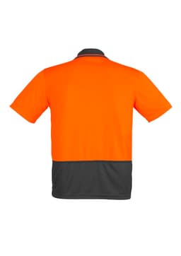 A short sleeve polo shirt featuring a high visibility orange front and a grey back, with a logo on the collar.
