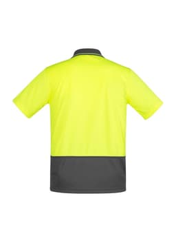 A men's short sleeve polo shirt in hi-vis yellow with a dark grey back and a logo.