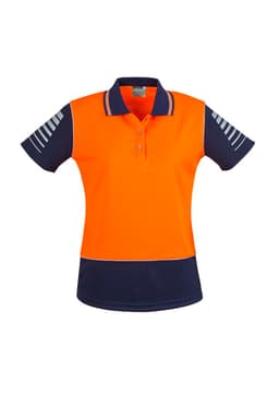 A short sleeve polo in hi-vis orange and navy, featuring a logo on the chest and reflective stripes on the sleeves.