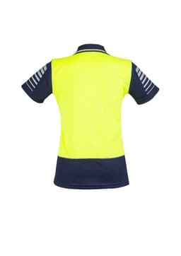 A high-visibility short sleeve polo shirt in bright yellow and navy blue, featuring a logo and striped details on the sleeves.