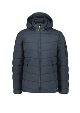 A dark grey unisex hooded puffer jacket with a zip front and side pockets, featuring a logo on the sleeve.