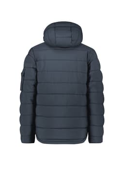 A back view of a dark grey Unisex Streetworx hooded puffer jacket featuring a logo on the sleeve.