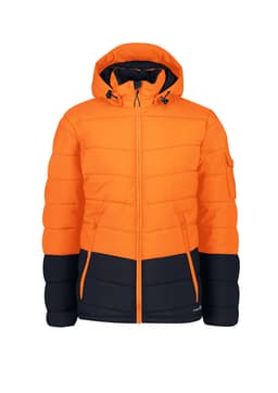 Unisex Streetworx Hooded Puffer Jacket in vibrant orange and navy, featuring a zip closure and a logo badge.