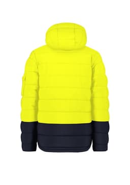 A unisex hooded puffer jacket in bright yellow and navy, featuring a logo on the sleeve.