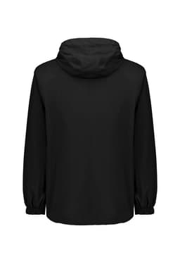 A black unisex super light packable rain jacket with a hood and elastic cuffs. It features a logo on the back.