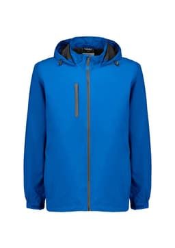 A blue unisex packable rain jacket with a zip front, hood, and a contrasting interior. Features a logo.
