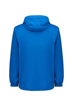 A blue unisex super light packable rain jacket with a hood and elastic cuffs, featuring a logo.