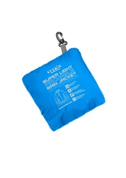 A blue packable rain jacket compressed into a small pouch with a hook for easy attachment. It features a logo.