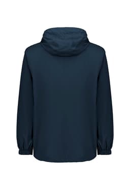 A unisex super light packable rain jacket in dark blue with an adjustable hood and elastic cuffs. It features a logo.