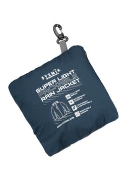 A navy packable rain jacket, folded into a small pouch with a clip, featuring a logo and product details.