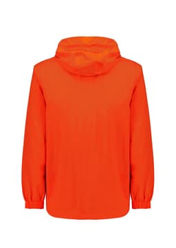 An unisex super light packable rain jacket in vibrant orange, featuring a hood and elasticised cuffs.
