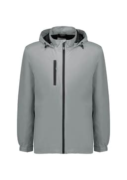 A light grey unisex packable rain jacket with a hood and front zipper, featuring a logo.
