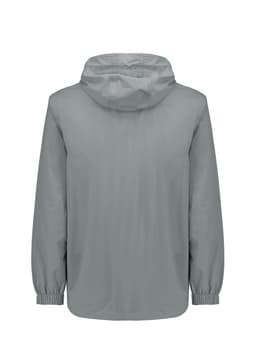 A light grey unisex packable rain jacket with a hood and elastic cuffs, featuring a logo on the back.