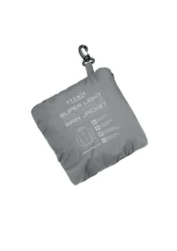 A packable rain jacket in grey, featuring a logo and compactly folded design with a clip for easy carrying.