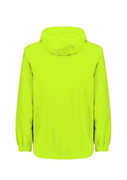 A bright yellow unisex packable rain jacket with a hood, featuring elastic cuffs and a clean design.