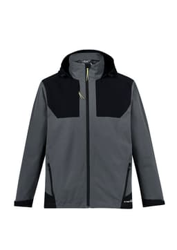 A waterproof jacket in grey with black accents, featuring a hood and zipper pockets. It has a logo on the front.