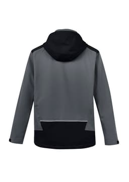 A grey and black unisex waterproof jacket with a hood, featuring a logo on the back.