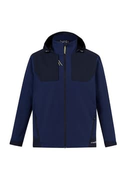 A unisex navy waterproof jacket featuring a hood, zip pockets, and a logo on the front.