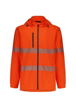 An orange packable rain jacket featuring reflective stripes and a hood. It includes a zippered front pocket.