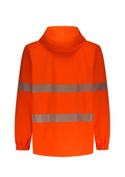 An orange packable rain jacket featuring reflective segments and a hood, with long sleeves and a logo.