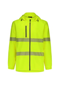 A bright yellow rain jacket with reflective stripes and a hood, featuring a zippered front and pockets.