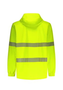 A packable rain jacket in bright yellow with reflective stripes and a hood, featuring a logo.