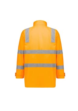 A waterproof jacket in bright orange with reflective strips, featuring a logo on the back. Suitable for visibility.