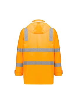 A waterproof, unisex hi-vis jacket in bright orange with reflective stripes and a hood. Features a logo.