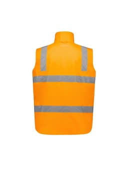 A bright orange waterproof jacket with reflective stripes, featuring a high-visibility design and no front details.
