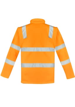 A unisex hi-vis softshell jacket in bright orange with reflective stripes on the back. Features a logo.