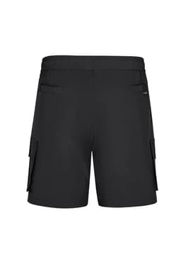Black sports shorts with a relaxed fit, featuring cargo pockets and an elastic waistband. Includes branding on the side.