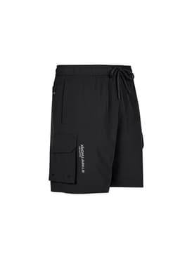 Black sports shorts featuring cargo pockets and an elastic waistband, with a logo on the side.