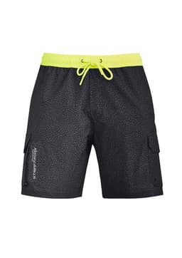 Men's board shorts in black with a subtle pattern, featuring a bright yellow drawstring and side pockets.