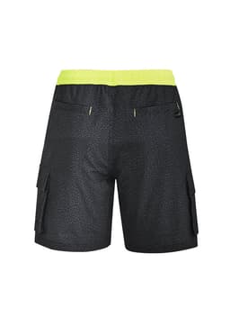 Men's black board shorts with a bright yellow waistband and cargo pockets. Features a branded logo.